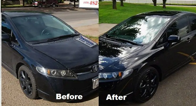 Before-and-after of a black sedan exterior detail showing restored gloss after mobile detailing in Chula Vista