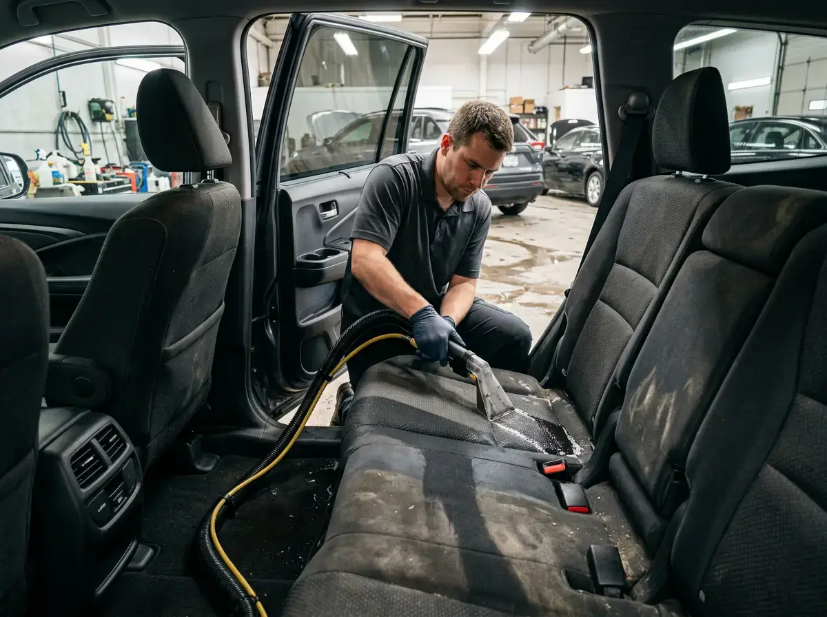 Hot-water extraction cleaning a fabric rear seat in a Honda Pilot