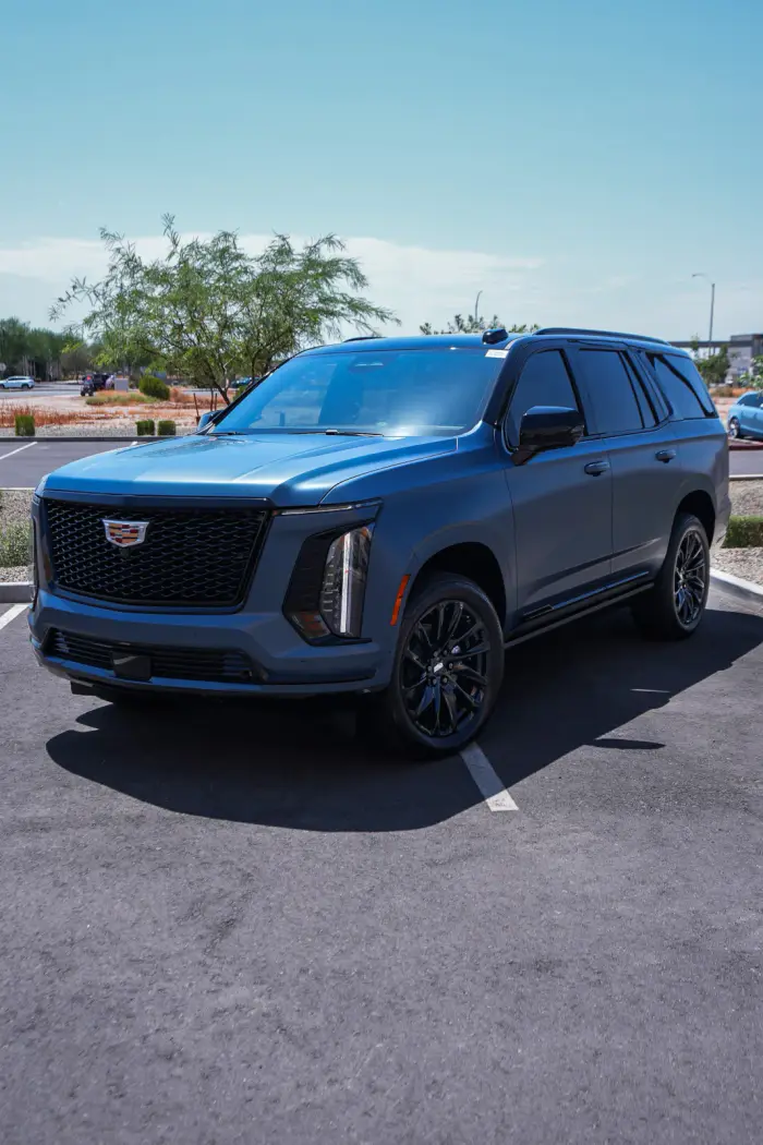 Satin blue 2023 Cadillac Escalade after ceramic coating in Mesa, Arizona
