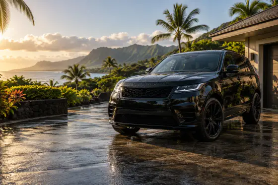 Freshly detailed black SUV overlooking the Oʻahu coast