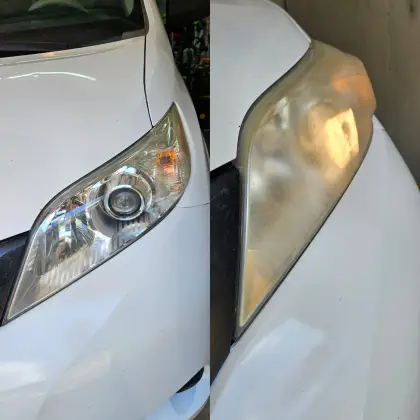 Comparison of two car headlights, one clear and new, the other foggy and aged.