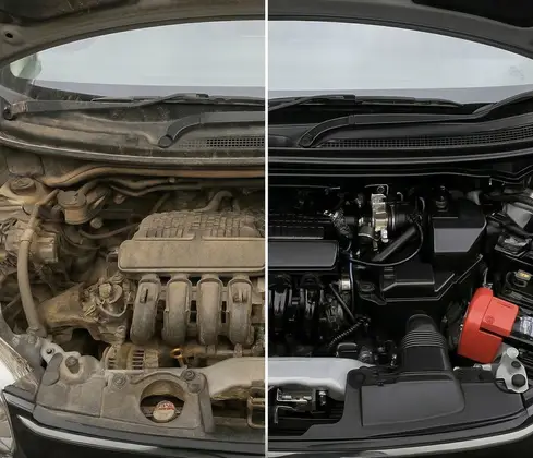 Engine bay before and after professional cleaning — DShine Details mobile engine detailing service South Florida