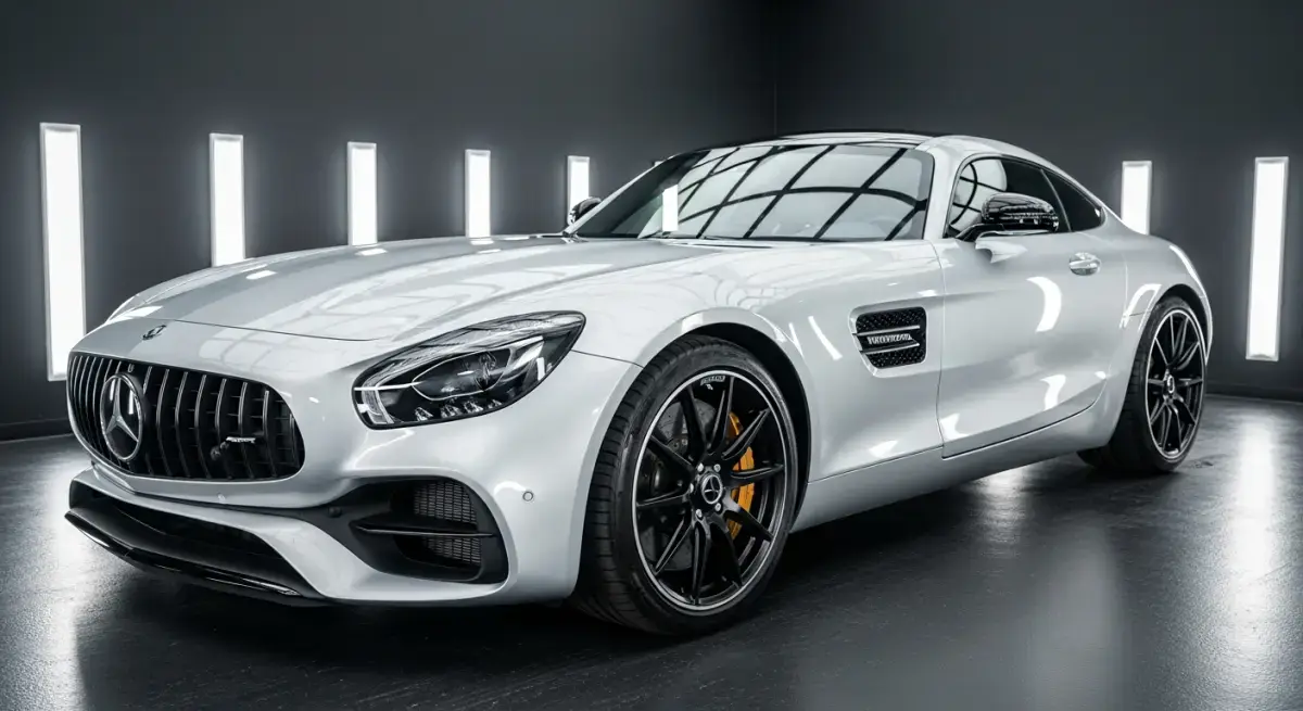 Silver Mercedes-AMG GT with a fresh ceramic coating under studio light strips