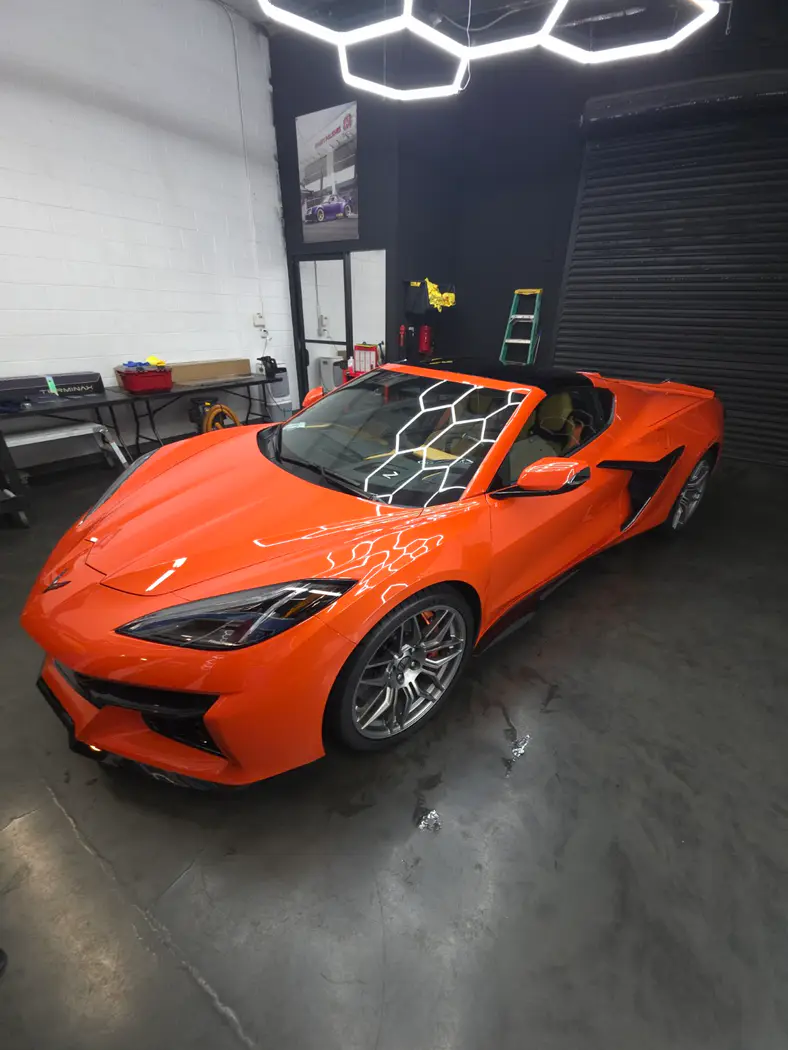 Orange Corvette after a full-body Paint Protection Film installation by LUMA Auto Studio in Riverside, CA
