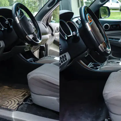 Side-by-side comparison of car interiors, showing differences in cleanliness and organization of the driver side including the floor mats, seats, and dashboard.